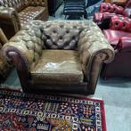 Chesterfield fauteuil olijfgroen + GRATIS BEZORGD, Huis en Inrichting, Fauteuils, Chesterfield, Gebruikt, Leer, Ophalen of Verzenden