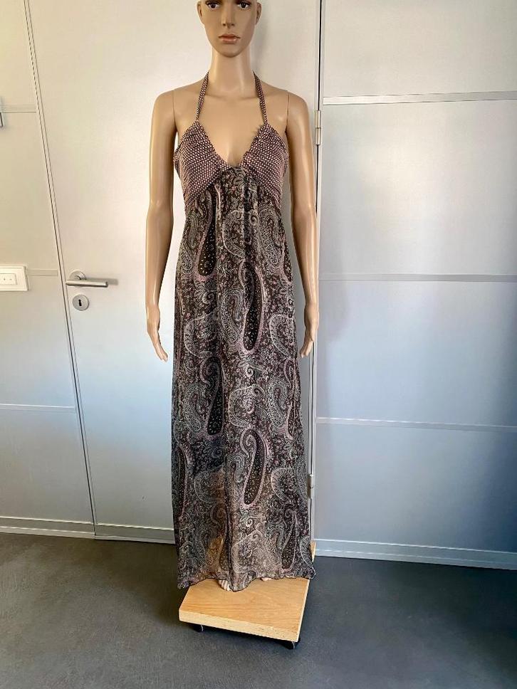J321 Nieuw: lange zijden maxi-jurk maat 42=L grijs/bruin, Kleding | Dames, Jurken, Nieuw, Maat 42/44 (L), Grijs, Onder de knie