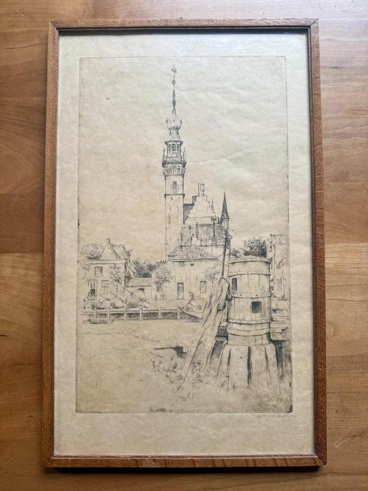ets Le Beffroi van W. Vaes, Antiek en Kunst, Kunst | Etsen en Gravures, Ophalen