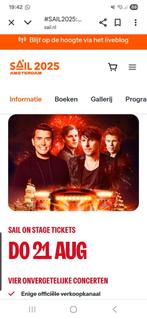 2 tickets Sail on stage Amsterdam, Tickets en Kaartjes, Twee personen, Augustus, Pop
