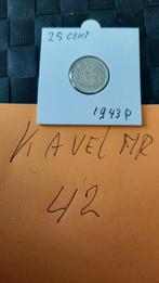 Wilhelmina 25 cent 1943 p kavel nr 42, Verzenden, Zilver, 25 cent, Koningin Wilhelmina
