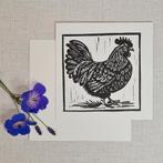 Dubbele wenskaart 15x15 cm. met envelop. kip, linosnede, Ophalen of Verzenden, Nieuw