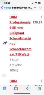 HBM Gipsplaatschroefmachine 710W + Schroefstrips, Ophalen, 600 watt of meer, Variabele snelheid, Zo goed als nieuw
