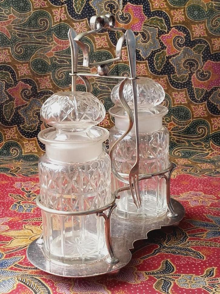 Antiek Engels stel voor tafelzuur van kristal en silverplate, Antiek en Kunst, Antiek | Woonaccessoires, Ophalen of Verzenden