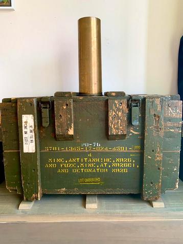 Vintage houten NL munitie kist + kanon huls van 1943. beschikbaar voor biedingen