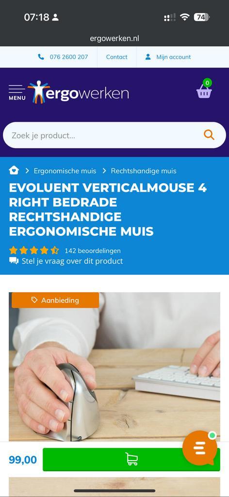 BakkerElkhuizen Evoluent4 Mouse (Right Hand), Computers en Software, Muizen, Nieuw, Rechtshandig, Ophalen of Verzenden