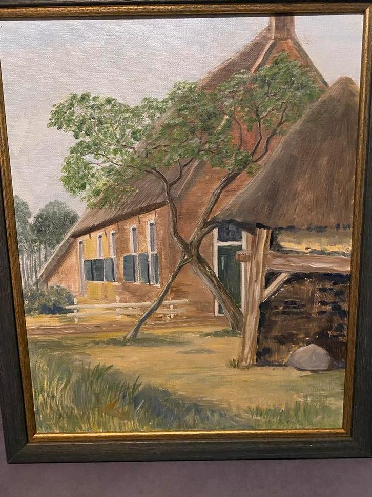 Schilderij van een boerderij met rieten dak, Antiek en Kunst, Kunst | Schilderijen | Klassiek, Ophalen of Verzenden