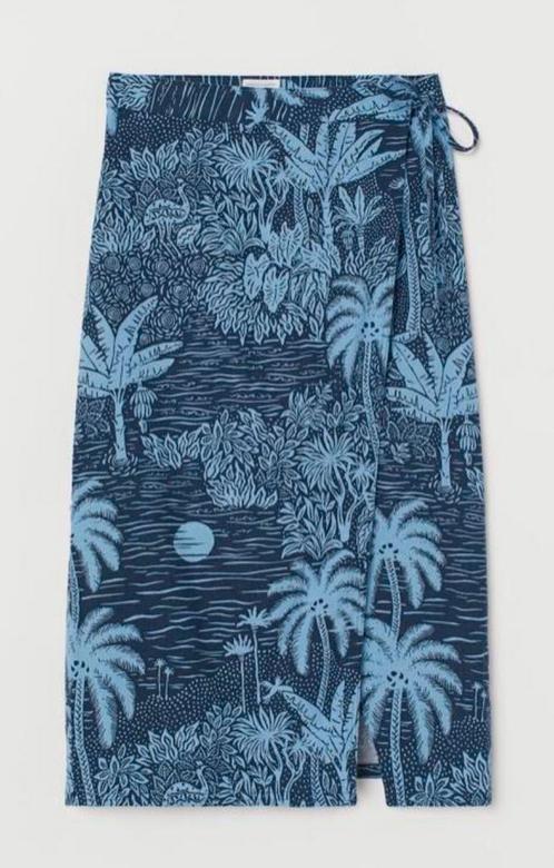 H&M blauw print tropische zomer midi wikkelrok maat 50 zgan, Kleding | Dames, Grote Maten, Zo goed als nieuw, Broek of Spijkerbroek
