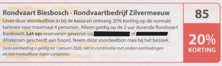 Rondvaart Biesbosch-Rondvaartbedrijf Zilvermeeuw 20% korting, Tickets en Kaartjes, Kortingen en Cadeaubonnen, Drie personen of meer