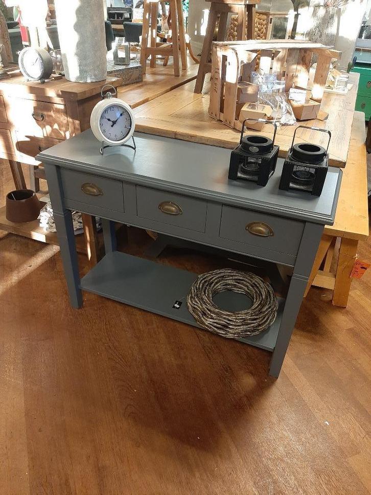 Grijze sidetable 3 lades plateau 102 cm, Huis en Inrichting, Tafels | Bijzettafels, Zo goed als nieuw, Rechthoekig, 60 cm of meer