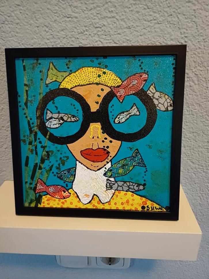 Kleurrijk Schilderij Duikster met Vissen, Antiek en Kunst, Kunst | Schilderijen | Modern, Ophalen of Verzenden