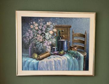 Groot schilderij stilleven kamerinterieur. beschikbaar voor biedingen