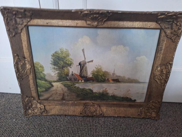 Hollands Landschap met Molen - Olieverfschilderij, Antiek en Kunst, Kunst | Schilderijen | Klassiek, Ophalen of Verzenden