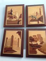 4 schilderijtjes met houtfineer inleg, Ophalen of Verzenden