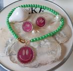 Smiley Ketting + Oorbellen Pink / Groene Parels 😊😊😊, Overige materialen, Met strass, Verzenden, Nieuw