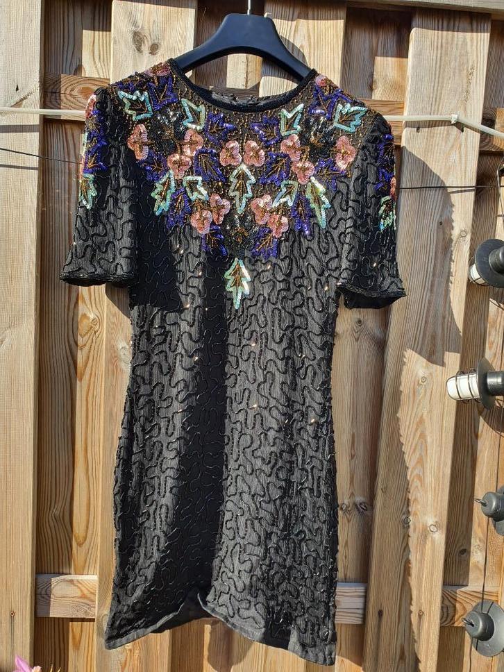 Jaren '80 Jurk met Kralen en Pailletten zwart Blauw Goud , Kleding | Dames, Jurken, Maat 36 (S), Zwart, Onder de knie, Ophalen of Verzenden