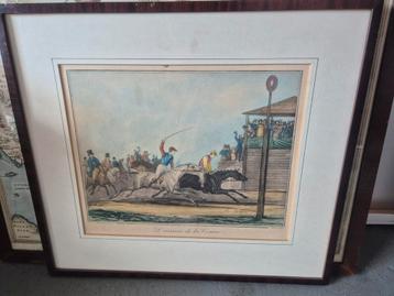 Antieke paardenrace prent in lijst beschikbaar voor biedingen
