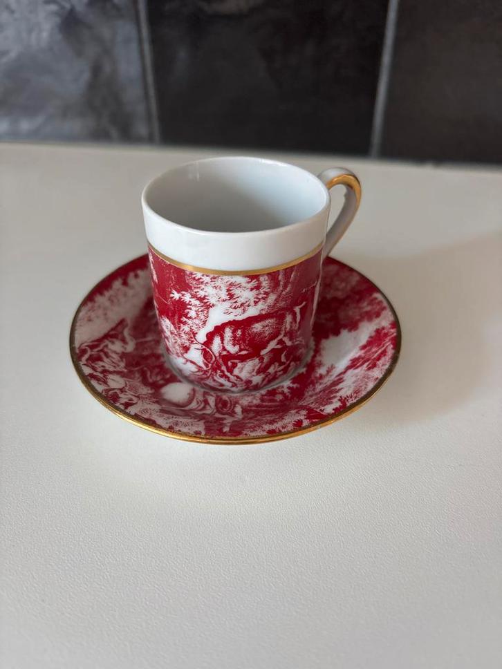 Antiek Europeen Porseleinen Kop en Schotel Setje Rood/Wit, Antiek en Kunst, Antiek | Porselein, Ophalen of Verzenden