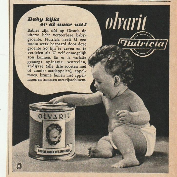 Retro reclame 1952 Nutricia Olvarit baby kijkt er naar uit, Verzamelen, Retro, Overige typen, Verzenden