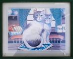 Ingelijste prent met twee grijs witte katten poezen poes, Antiek en Kunst, Ophalen