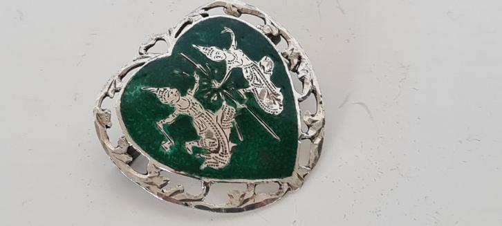 Vintage Oosterse Zilveren Groen Niello Broche Siam Sterling, Antiek en Kunst, Antiek | Goud en Zilver, Zilver, Ophalen of Verzenden