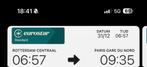 2 Trein ticket’s Rotterdam-Parijs Eurostar., Tickets en Kaartjes, Trein, Bus en Vliegtuig, Twee personen, Trein, Buitenland, Met bestemming of datum