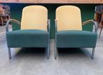 Twee vintage fauteuils / stoelen - groen geel retro fauteuil, Ophalen, Gebruikt, Metaal, Minder dan 75 cm