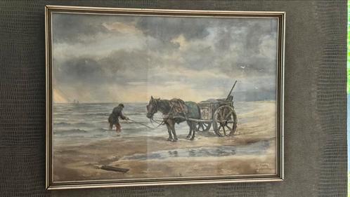 Aquarel schilderij Jac Köper Schelpenvisser met kar en paard, Antiek en Kunst, Kunst | Schilderijen | Klassiek, Ophalen of Verzenden