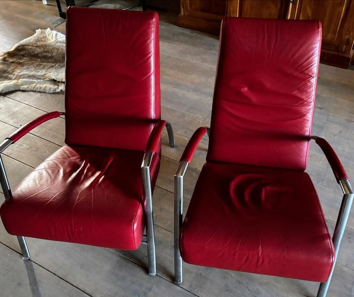 Harvink design fauteuil - rood leer, metalen frame, Huis en Inrichting, Fauteuils, Gebruikt, Leer, 50 tot 75 cm, 75 tot 100 cm