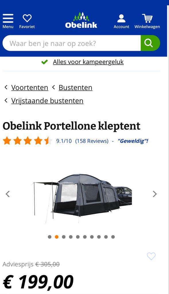 Obelink Portellone Auto Tent - 4x Gebruikt, Caravans en Kamperen, Tenten, tot en met 2, Zo goed als nieuw, Ophalen of Verzenden