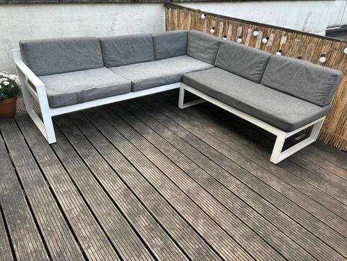Aluminium loungeset (wit, met grijze kussens), Tuin en Terras, Tuinsets en Loungesets, Gebruikt, Aluminium, Bank, Ophalen