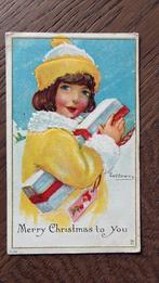 Meisje met muts op.Cadeau onder de arm, reliëfkaart, Ophalen of Verzenden, Voor 1920, Kinderen