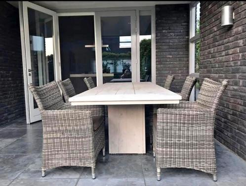 Steigerhouten tafel en 6 stoelen, Tuin en Terras, Tuinsets en Loungesets, Gebruikt, Steigerhout, Ophalen of Verzenden