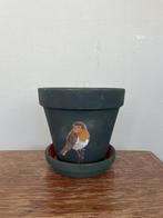 Handbeschilderde bloempot vogel Roodborstje, Rond, Ophalen of Verzenden, Zo goed als nieuw, Aardewerk