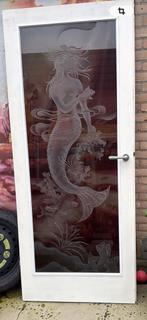 Hard houten opdek deur met bewerkt glas, Ophalen of Verzenden, Glas, Binnendeur, 200 tot 215 cm