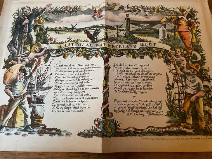 Oude Prent: Rijmprent Koningin Wilhelmina 1948, Antiek en Kunst, Antiek | Boeken en Bijbels, Ophalen of Verzenden