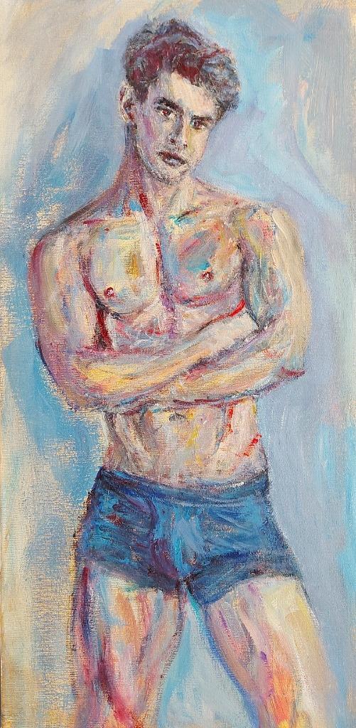 Mooi schilderij van een stoere u toekijkende jongeman, Antiek en Kunst, Kunst | Schilderijen | Modern, Ophalen of Verzenden