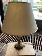 Vintage tafellamp met koperen en marmeren voet, stoffen kap, Ophalen, Gebruikt, Metaal, Minder dan 50 cm