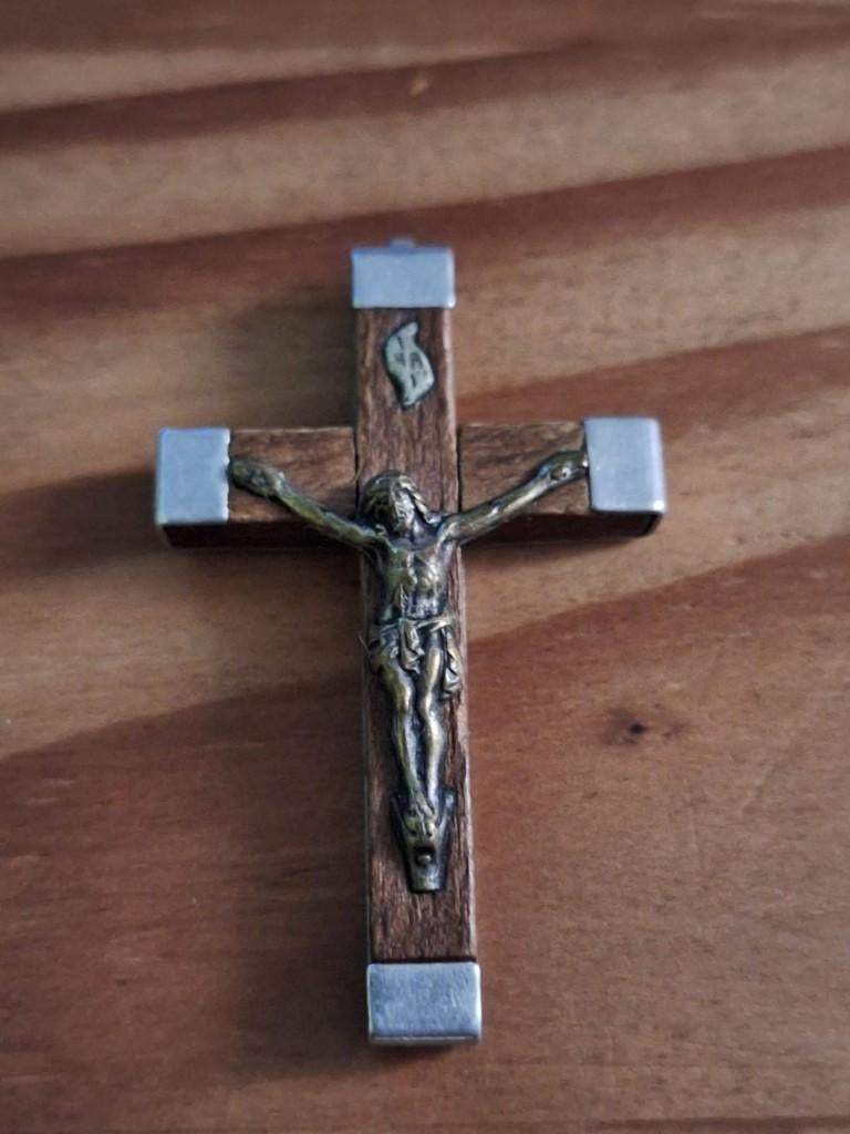 Antieke Art Deco hanger kruis hout met Jesus corpus, Overige materialen, Gebruikt, Bruin, Verzenden