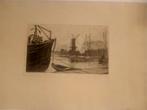 Jansen, J. (1876-1958). Ets. Havengezicht met molen, Antiek en Kunst, Kunst | Etsen en Gravures, Ophalen of Verzenden