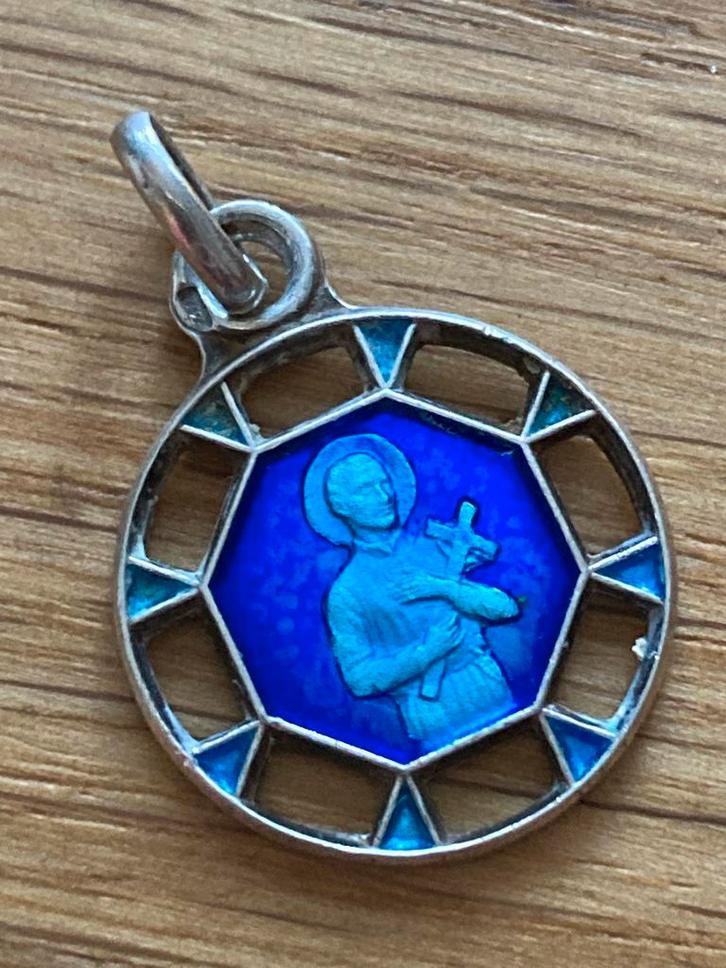 Zilveren Hanger met Blauwe religieuze afbeelding, Antiek en Kunst, Antiek | Religie, Ophalen of Verzenden