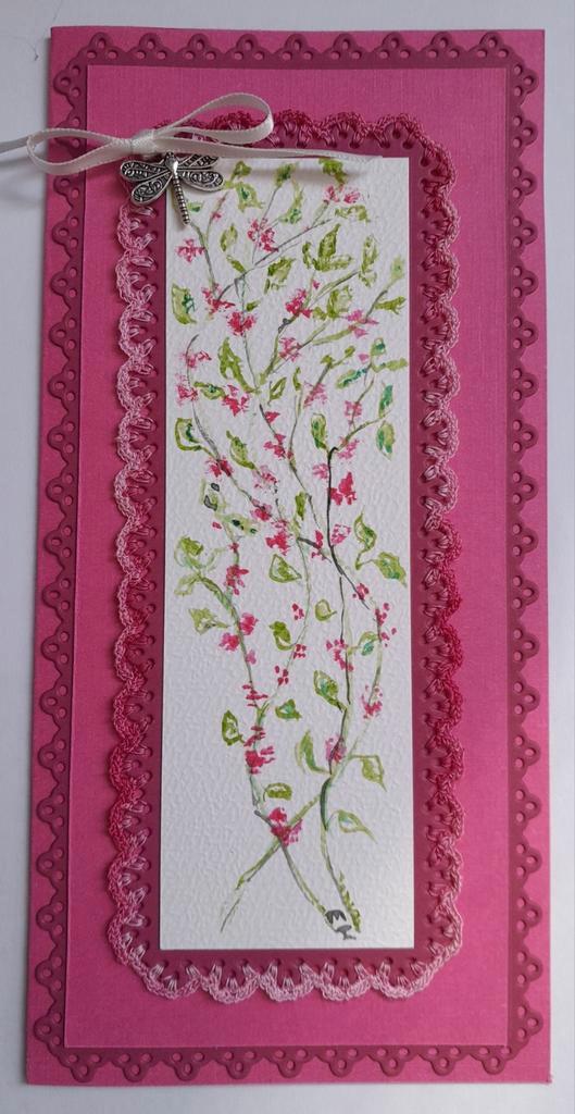 Dubbele langwerpige kaart met roze bloemen, Hobby en Vrije tijd, Kaarten | Zelfgemaakt, Zo goed als nieuw, Ophalen of Verzenden