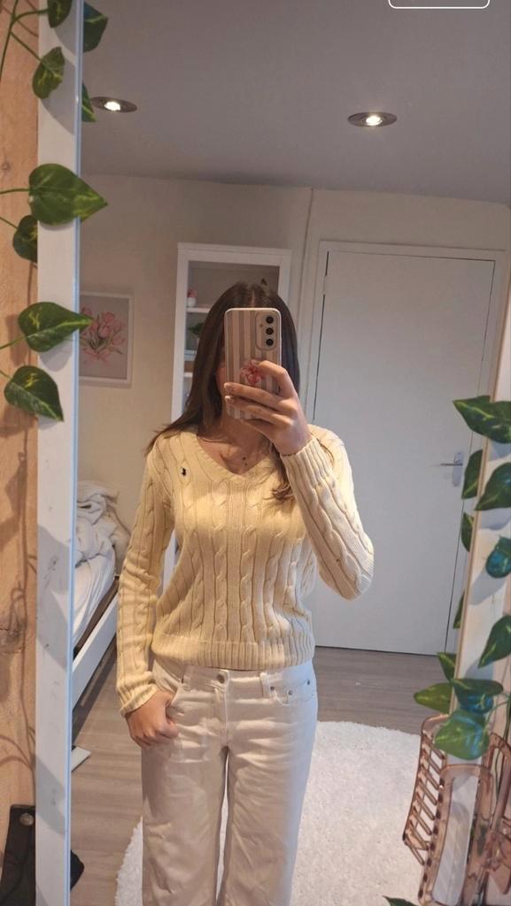 Ralph Lauren Kabeltrui V-hals beige, Kleding | Dames, Jumpsuits, Zo goed als nieuw, Maat 36 (S), Beige, Ophalen of Verzenden