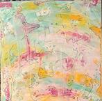 Kleurrijk schilderij afgedrukt op bamboe 50x50, Antiek en Kunst, Ophalen of Verzenden