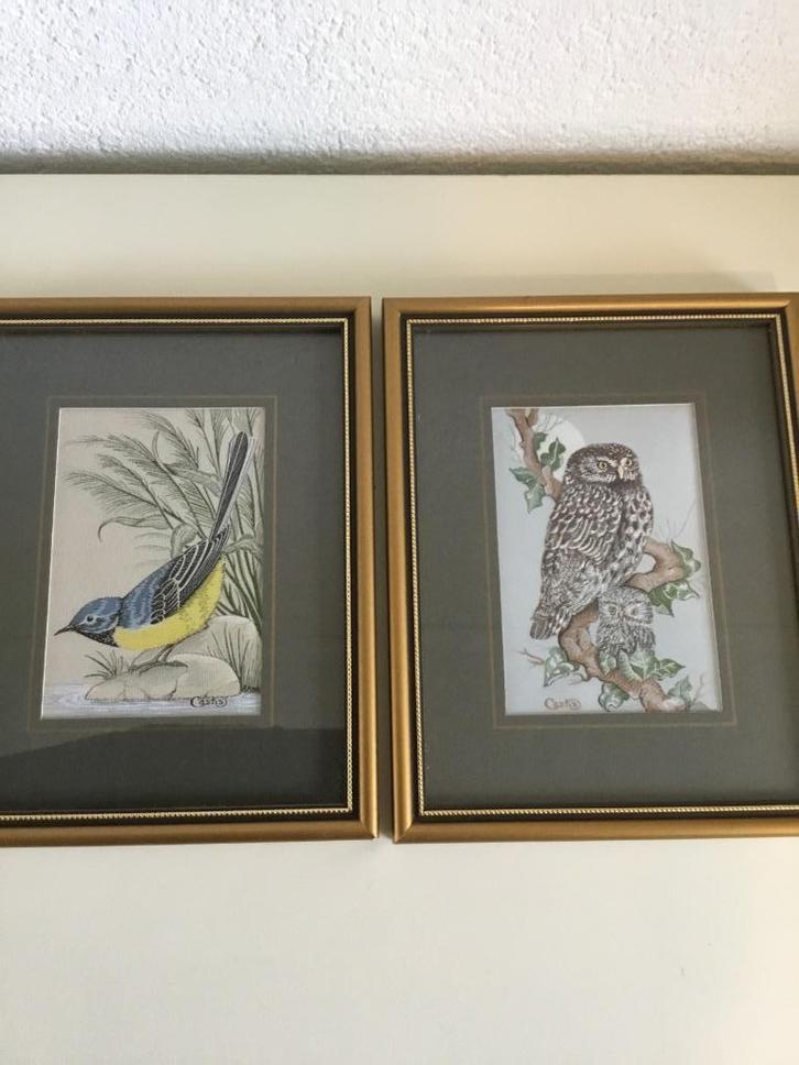 2 lijstjes met geweven vogels merk CASH'S jaren 70/80, Antiek en Kunst, Kunst | Schilderijen | Klassiek, Ophalen of Verzenden