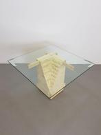 Vintage salontafel travertin messing glas Regency ’70s, Huis en Inrichting, Tafels | Salontafels, 100 tot 150 cm, N, Glas, Vierkant