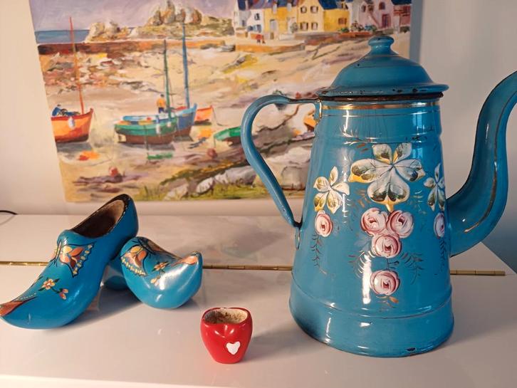 Blauwe Franse Koffiepot met Roosjes, Antiek en Kunst, Antiek | Emaille, Ophalen of Verzenden