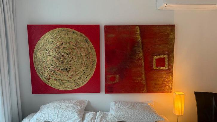Abstract Schilderij - Rood en Goud, Antiek en Kunst, Kunst | Schilderijen | Abstract, Ophalen of Verzenden