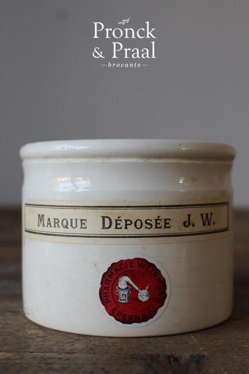 Oude brocante zalfpot off white met etiketten Pronck & Praal, Antiek en Kunst, Curiosa en Brocante, Ophalen of Verzenden