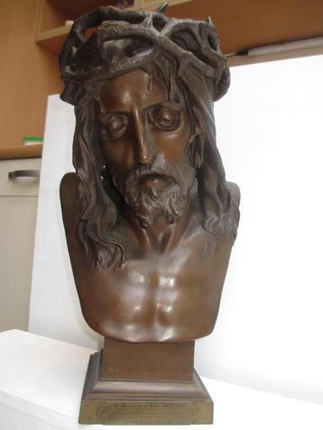 Antieke Jezus buste gesigneerd E Marioton 49cm massief brons beschikbaar voor biedingen